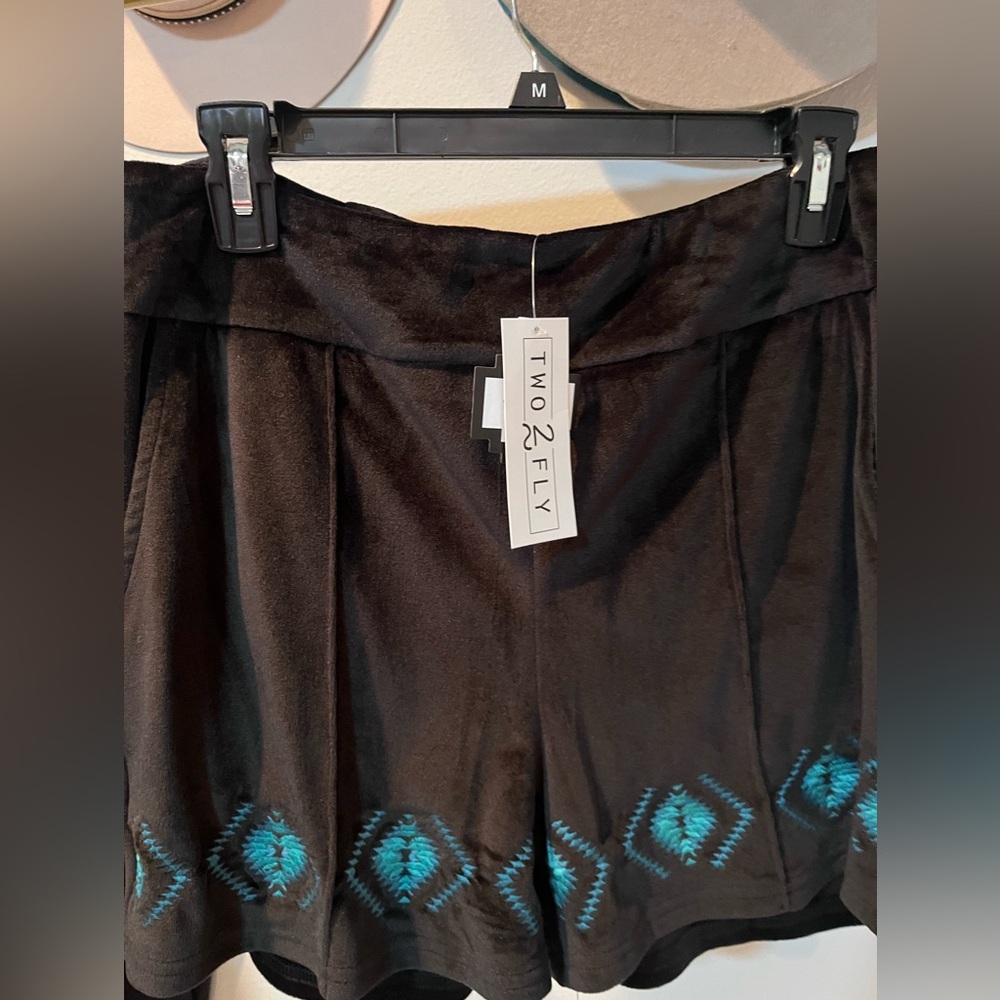 Two2Fly Black Skort with Turquoise Embroidered Hem